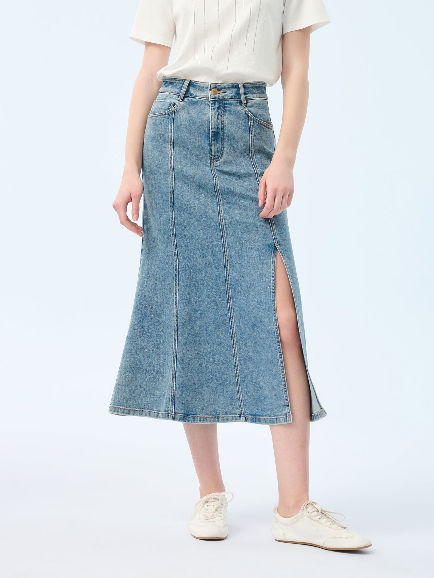 Denim Side Slit Women Eight-Panel Skirt