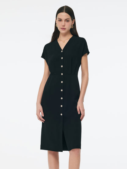 Triacetate Blend V-Neck Women Gathered Waist Midi Dress
