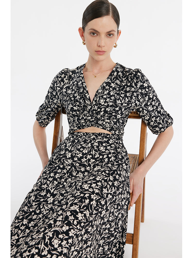 Iris Print V-Neck Tied Women Midi Dress