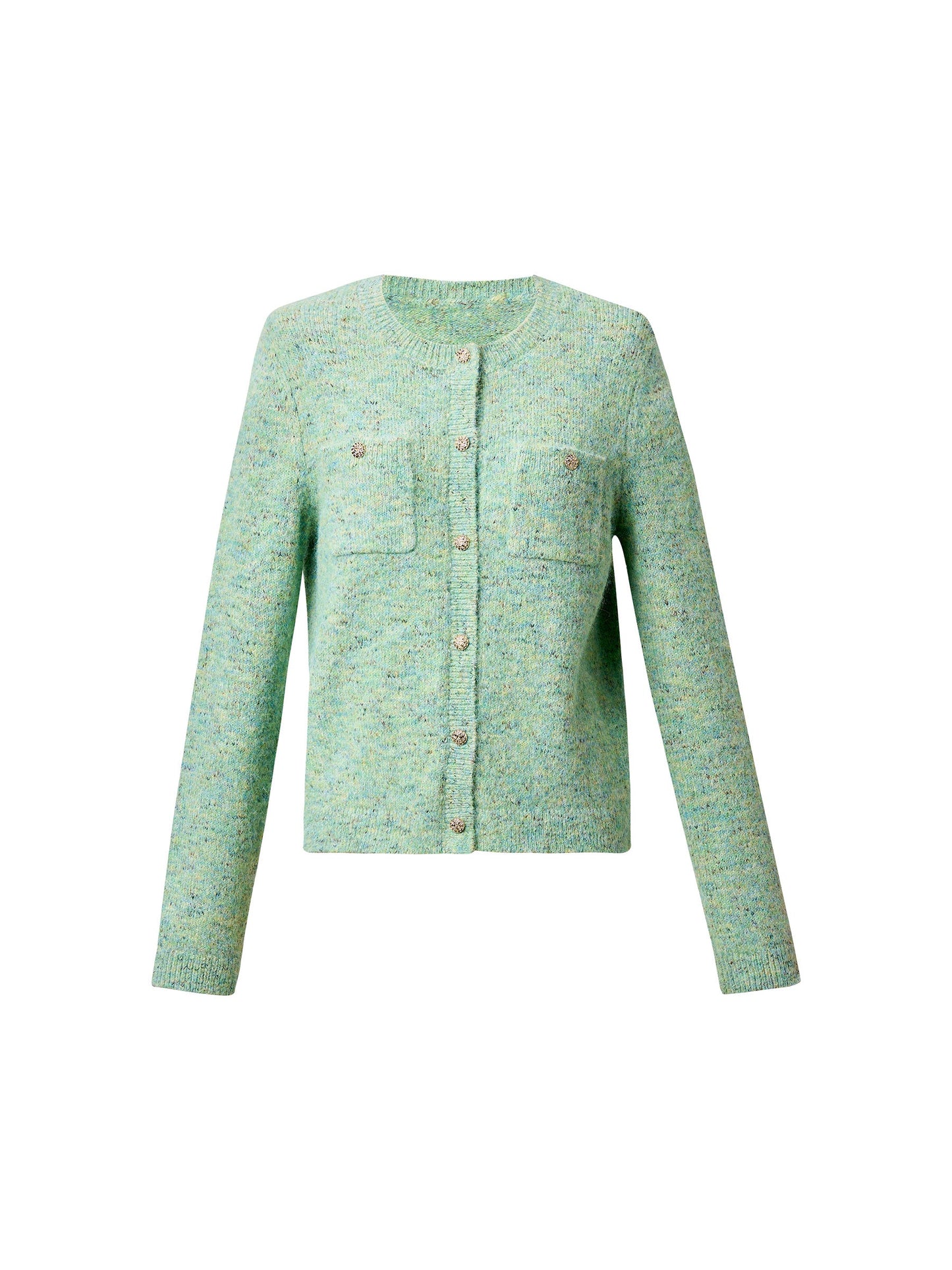 Melange Green Single Breasted Women Cardigan