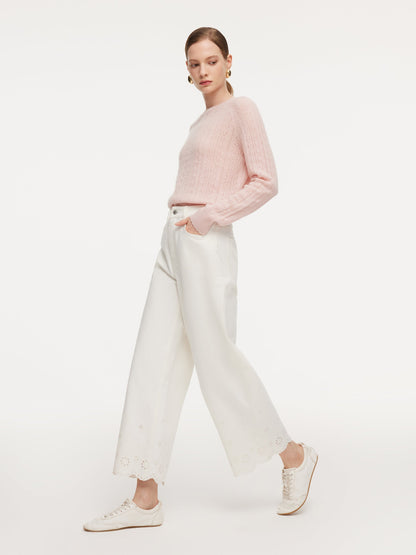 100% Cotton Denim Embroidered Women Wide Leg Jeans