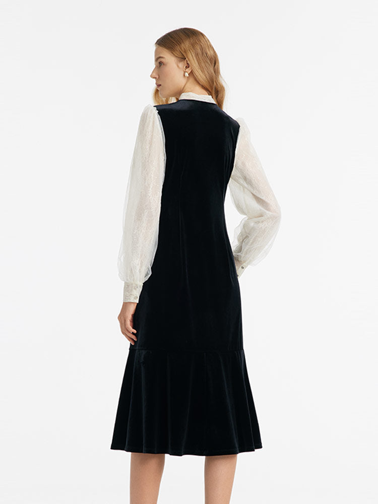 Lace Patchwork Velvet Women Midi Dress