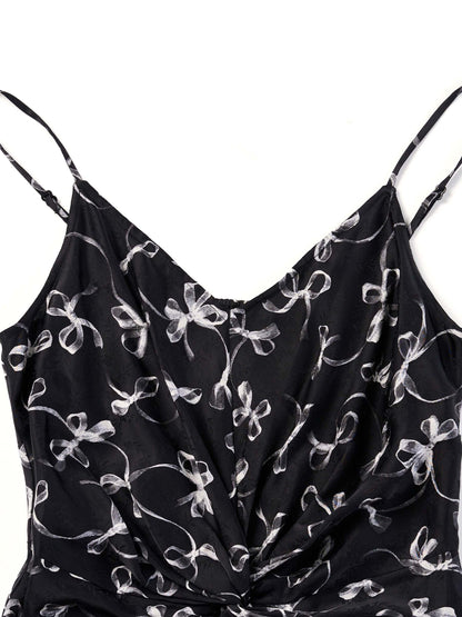 Ribbon Print Strap Dress And Cardigan Two-Piece Set