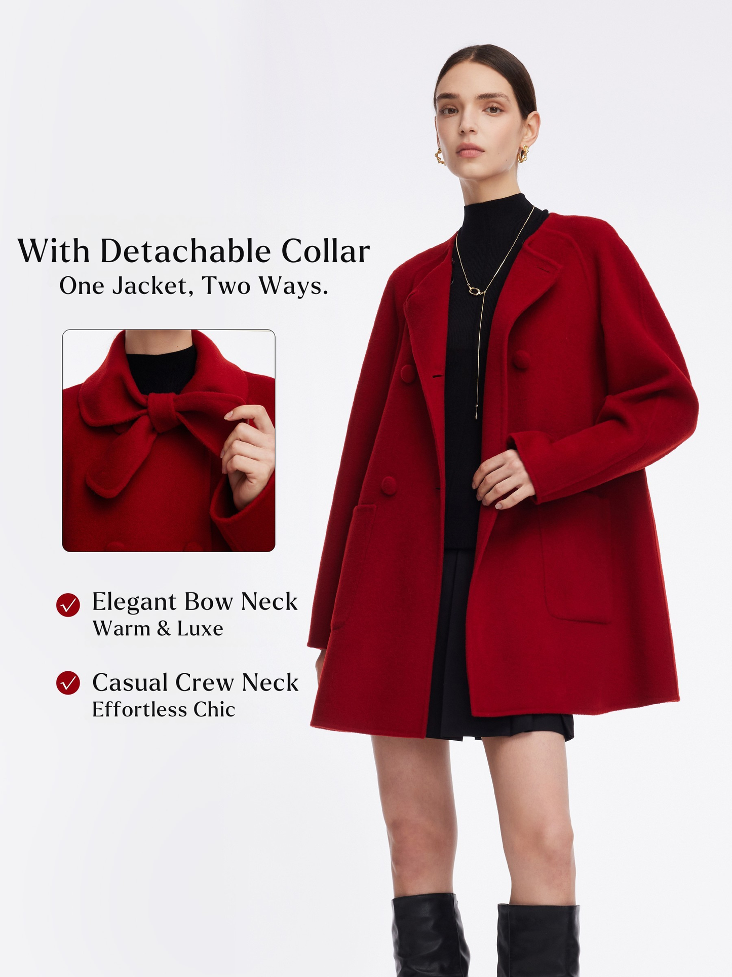 Tencel Wool Blend Double-Faced Women Coat With Detachable Collar