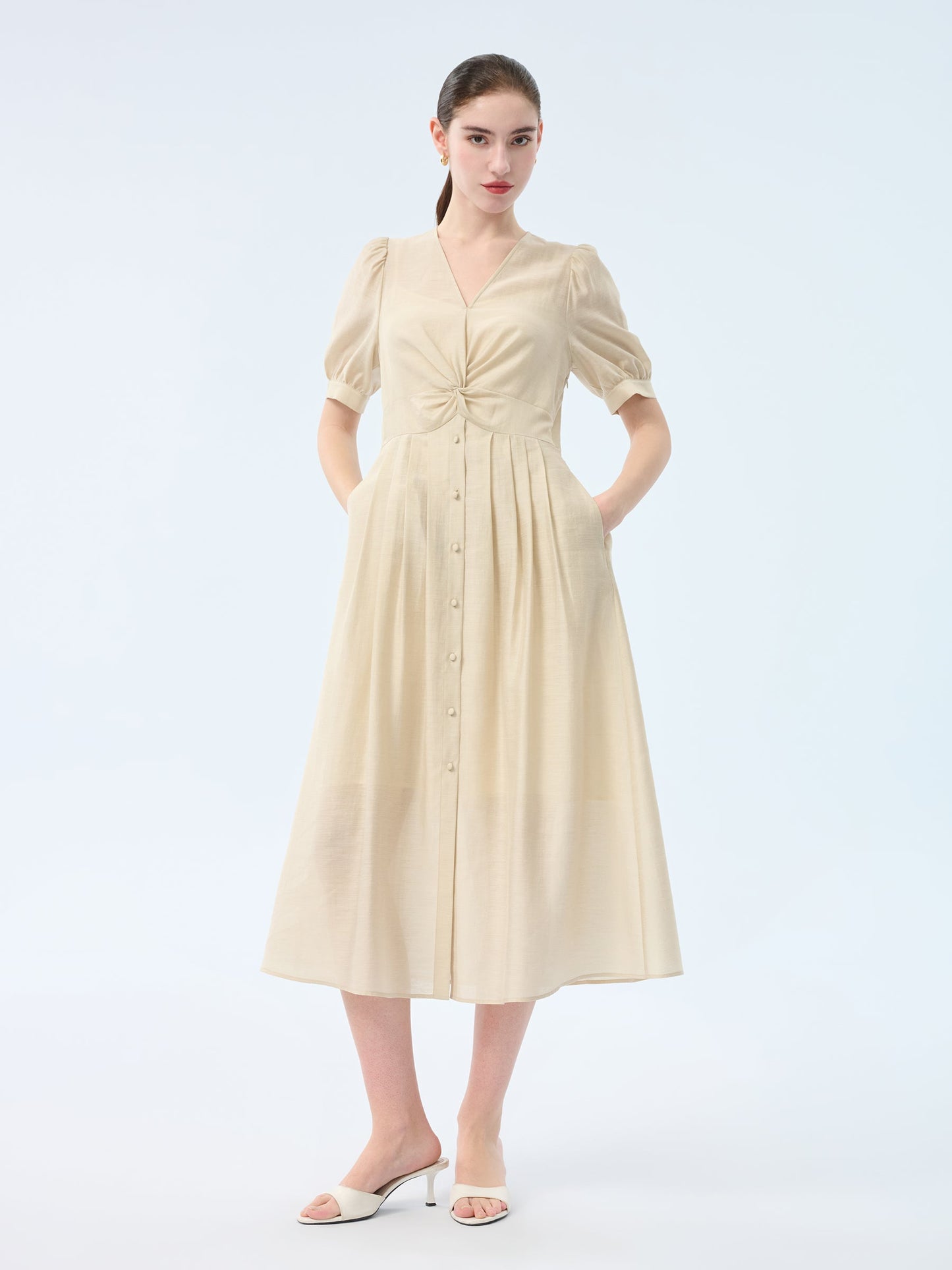 Tencel Acetate Linen Twist Front Women Maxi Dress