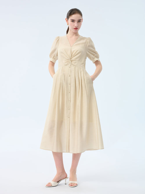 Tencel Acetate Linen Twist Front Women Maxi Dress