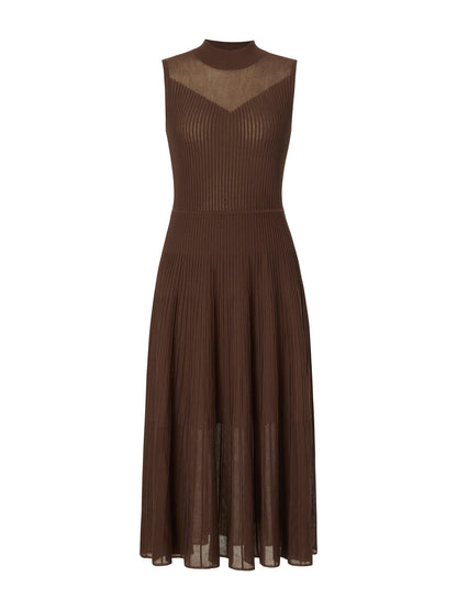 Mock Neck Sleeveless A-Line Women Pleated Maxi Dress