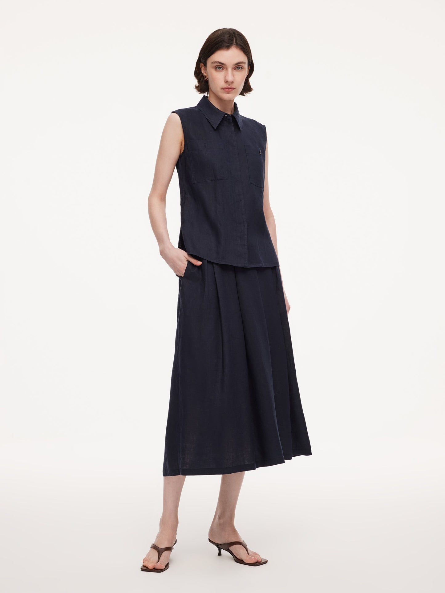 100% Linen Sleeveless Blouse And Skirt Two-Piece Set With Braided Belt