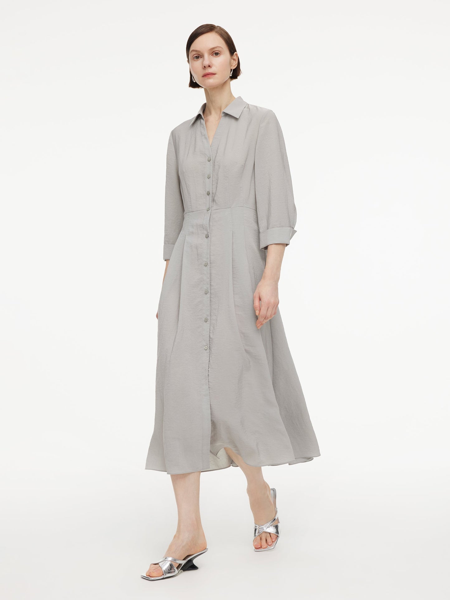 [Preview] Triacetate Blend Women Belted Maxi Shirt Dress