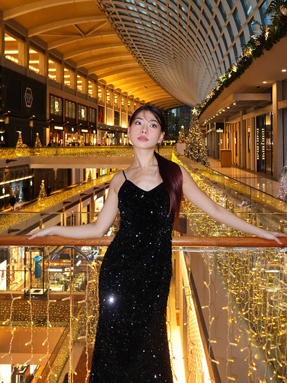 Velvet Sequins Women Strap Midi Dress