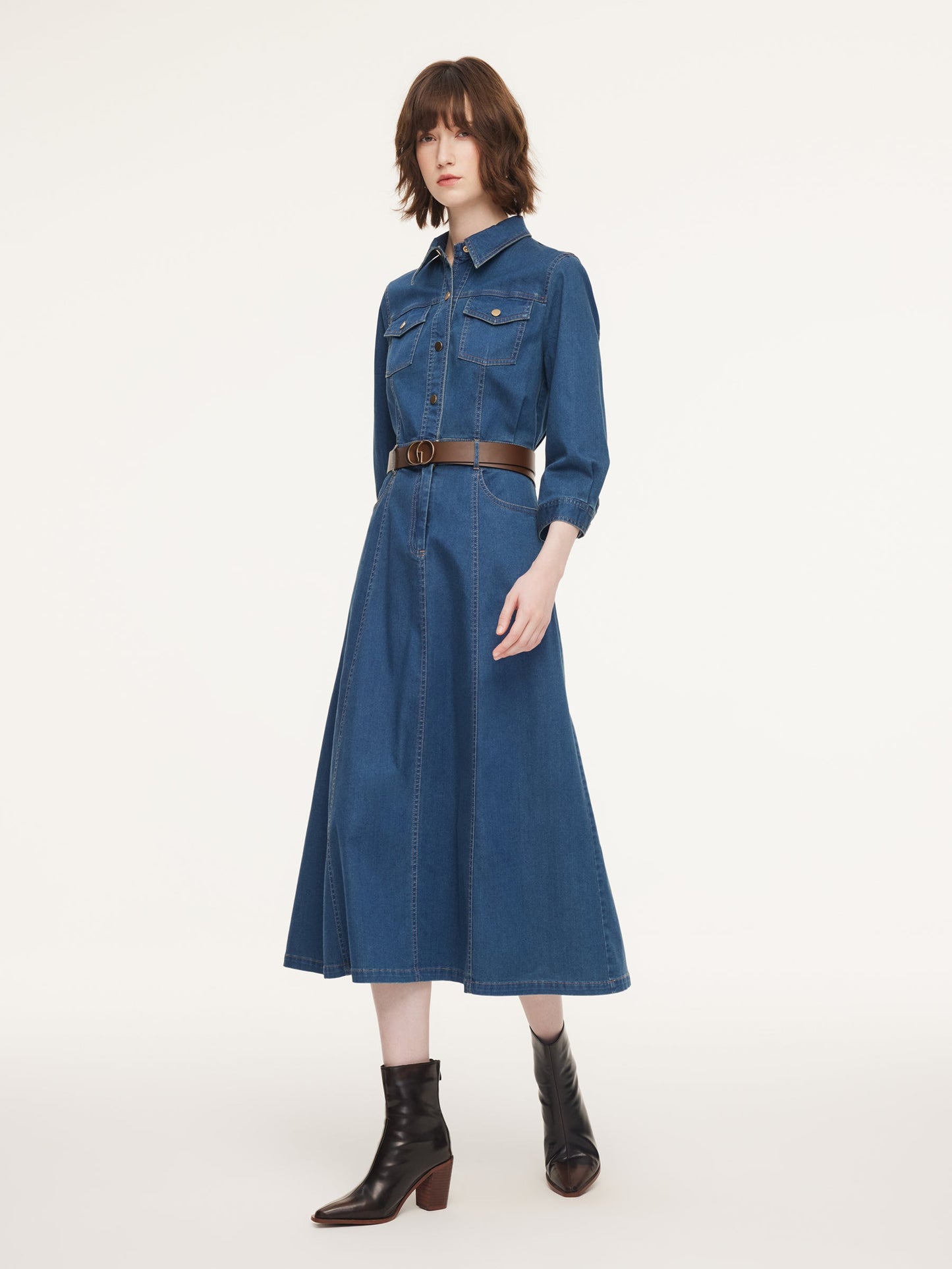 Denim Gathered Waist Women Maxi Dress With Belt