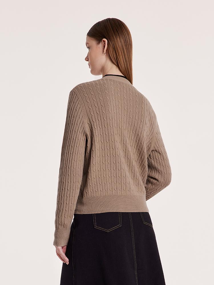 Camel Pure Cashmere V-Neck Cable Knit Women Cardigan