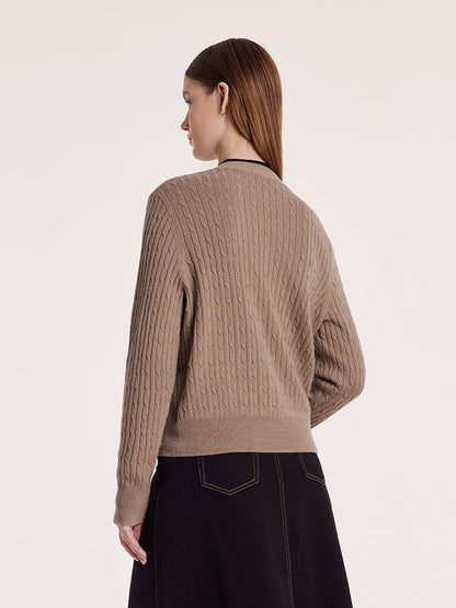 Camel Pure Cashmere V-Neck Cable Knit Women Cardigan