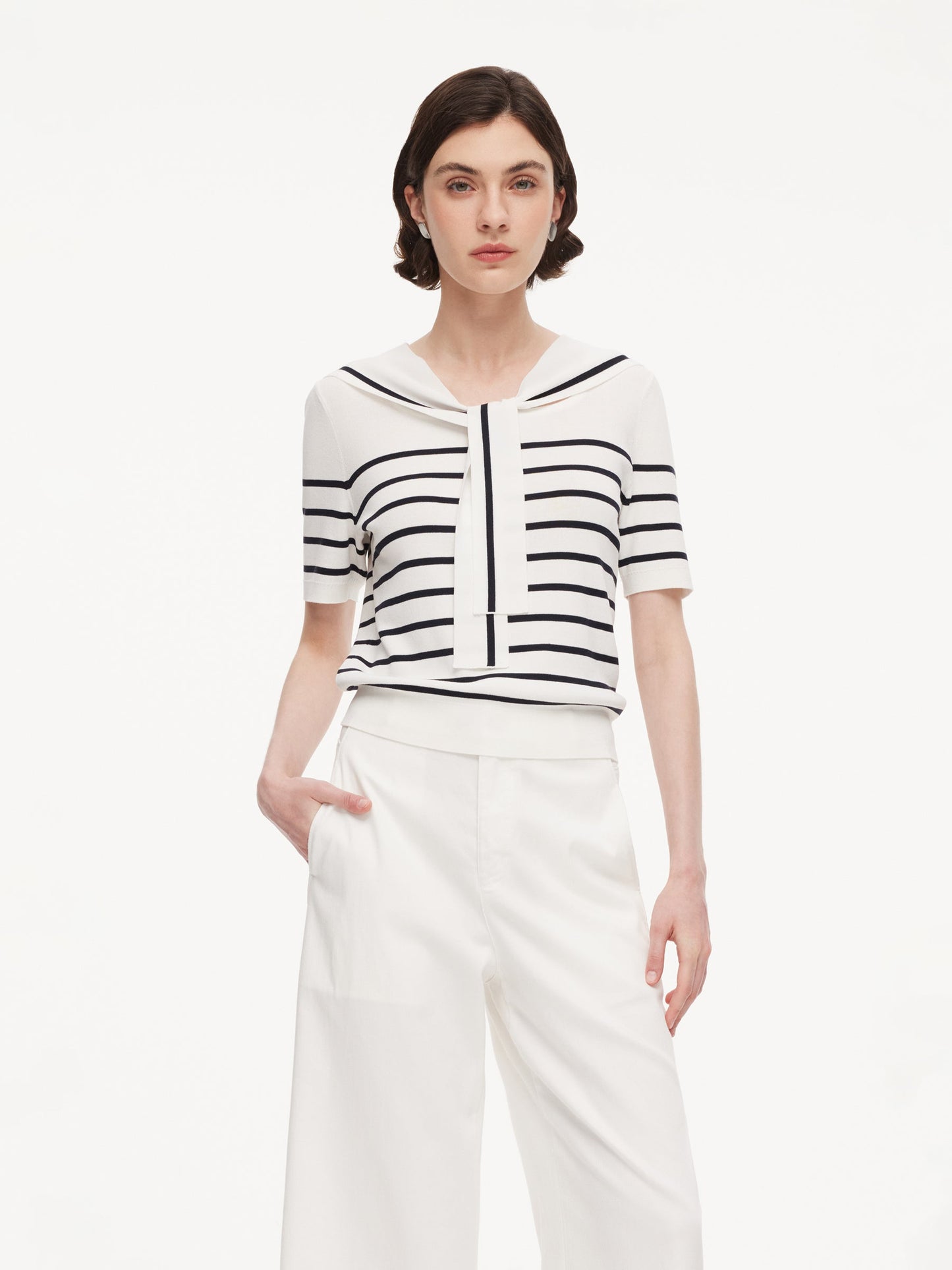 Lyocell Blend Stripe Women Knit Top With Detachable Sailor Collar