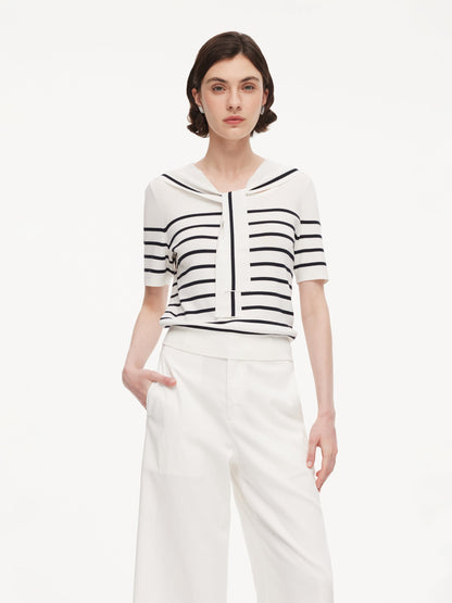 Lyocell Blend Stripe Women Knit Top With Detachable Sailor Collar