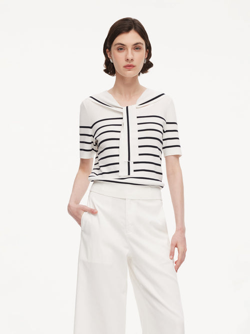 Lyocell Blend Stripe Women Knit Top With Detachable Sailor Collar