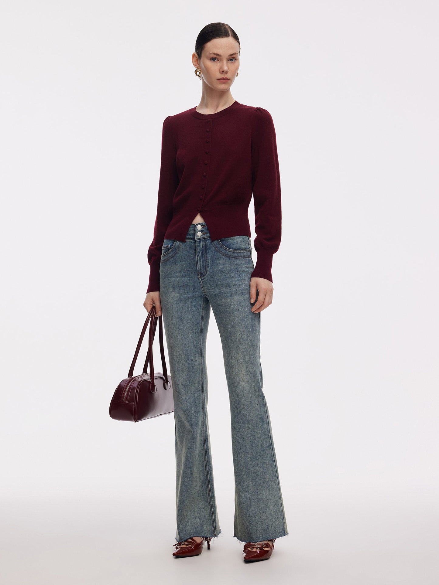 Tencel Blend Puff Long Sleeve Women Knit Top