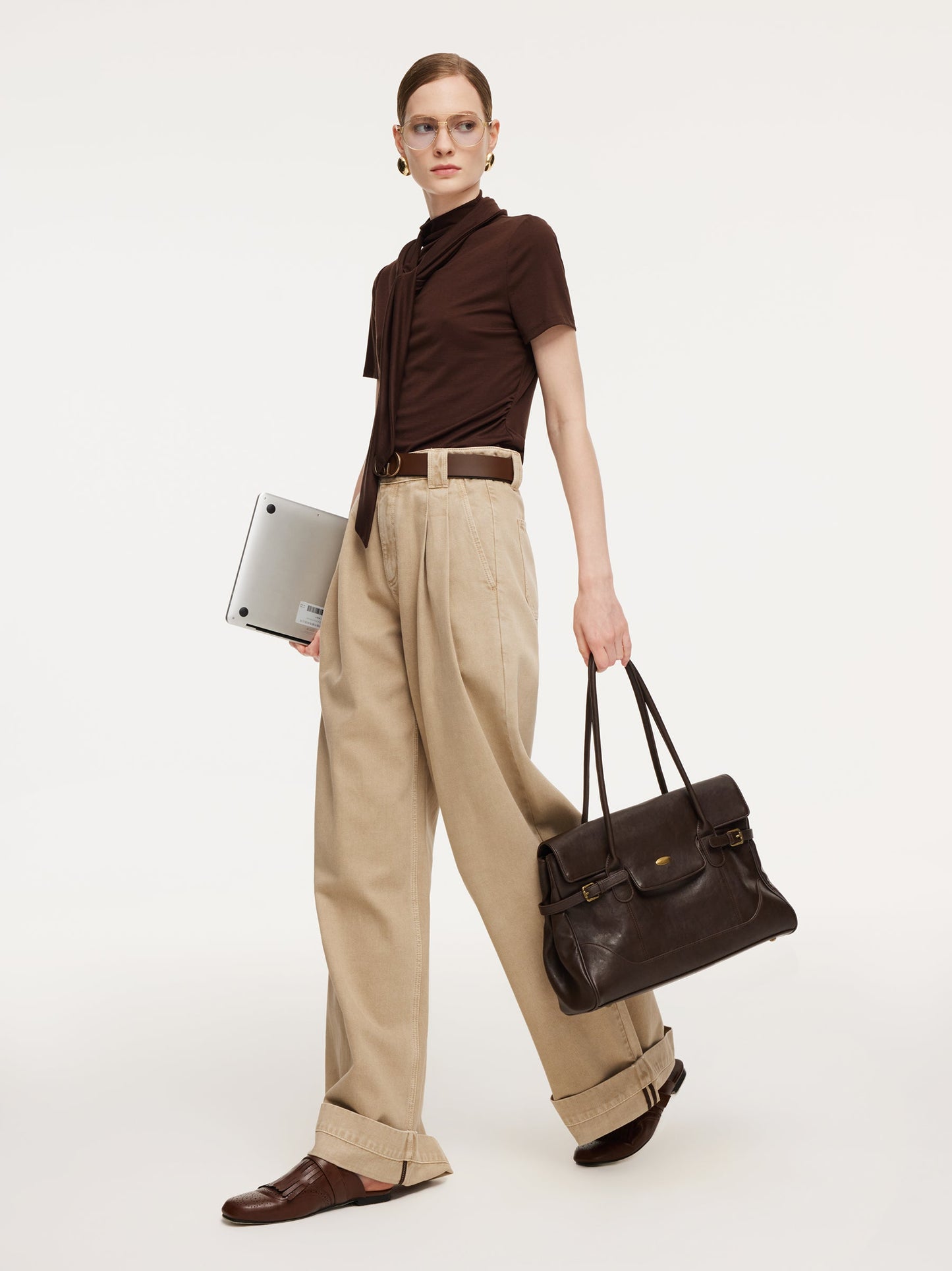 Cotton Denim Straight Wide Leg Women Folded Jeans With Belt