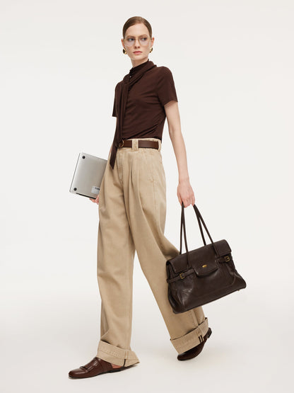 Cotton Denim Straight Wide Leg Women Folded Jeans With Belt