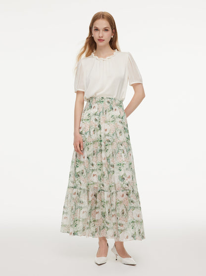 10MM Mulberry Silk Floral Print Women A-Line Skirt