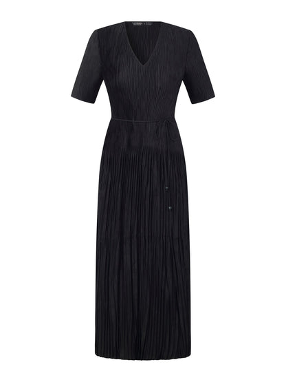 Satin Jacquard Women Pleated Maxi Dress With Self-Tie Belt