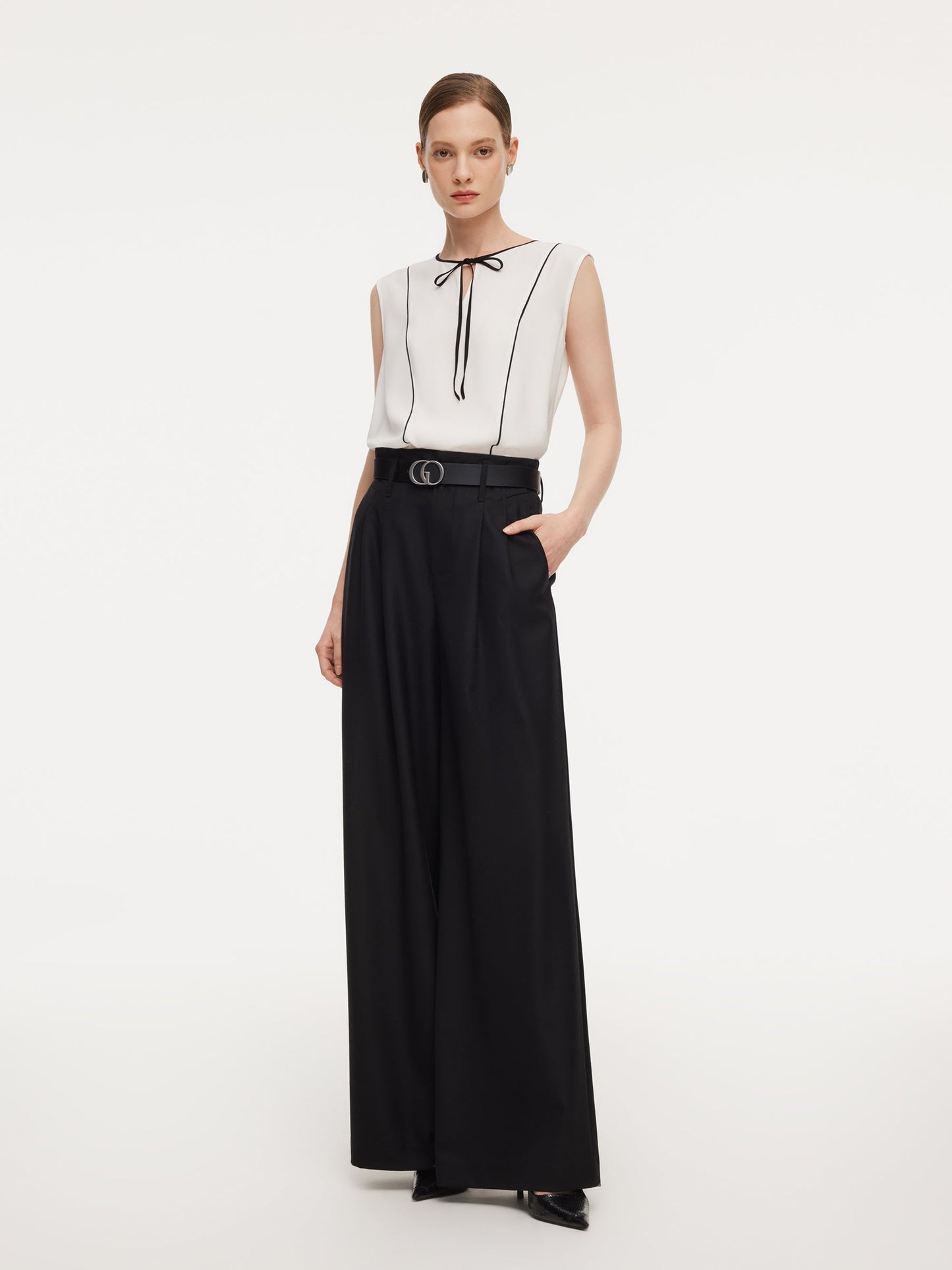 Acetate Blend Tie Front Contrast Trim Women Tank Top