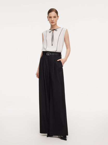 Acetate Blend Tie Front Contrast Trim Women Tank Top