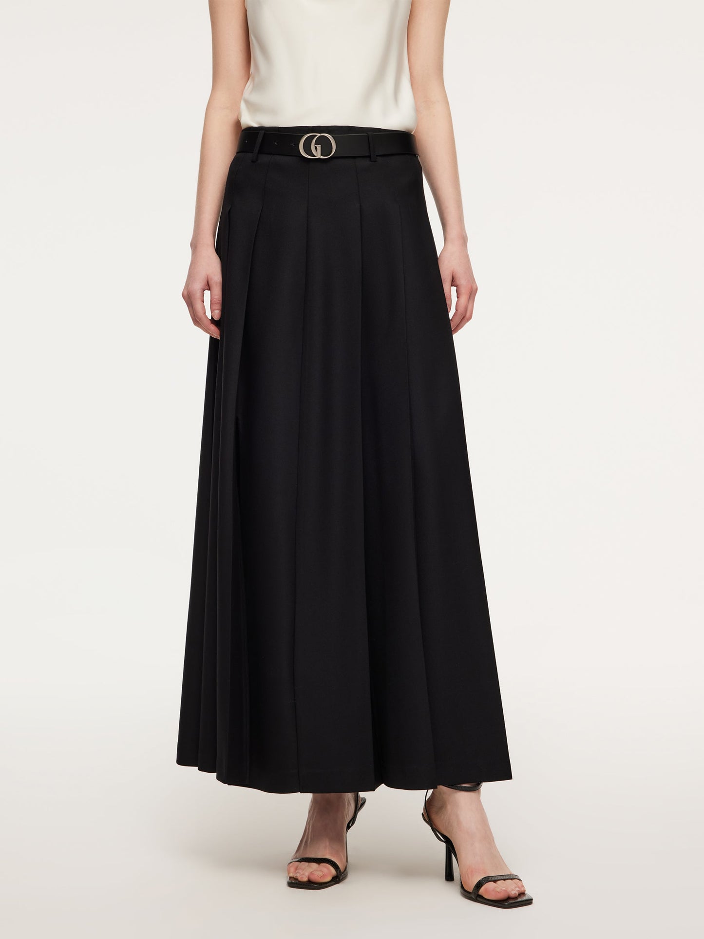 100% Wool Side Slit Women Pleated Skirt With Belt