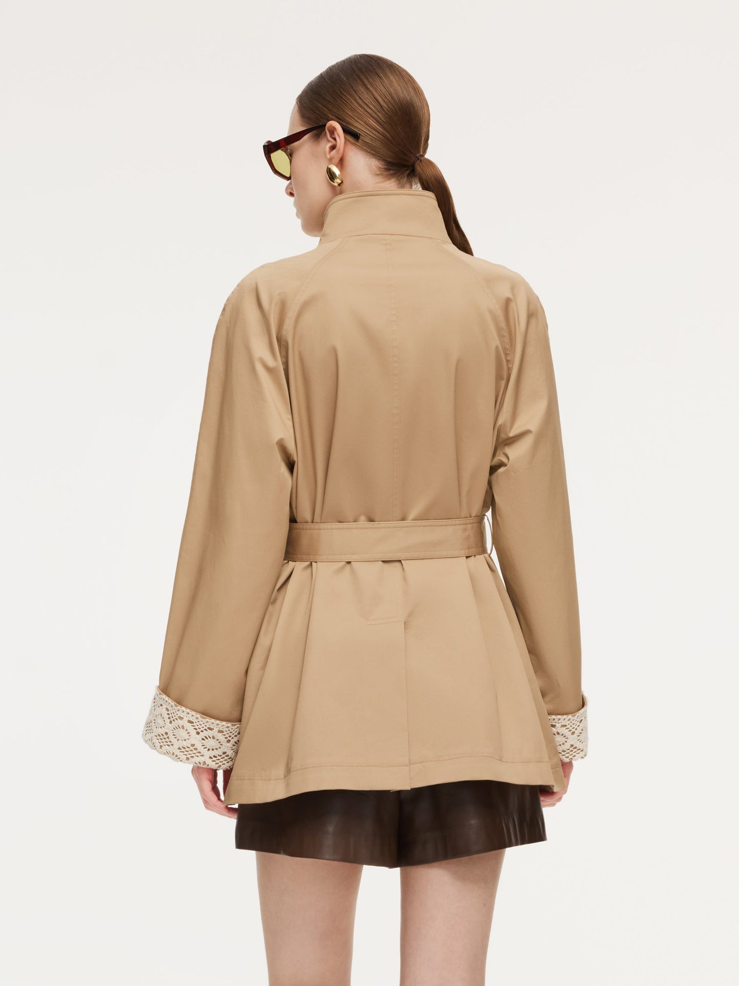 Cotton Stand Collar Lace Cuffs Women Self-Tie Belt Trench Coat