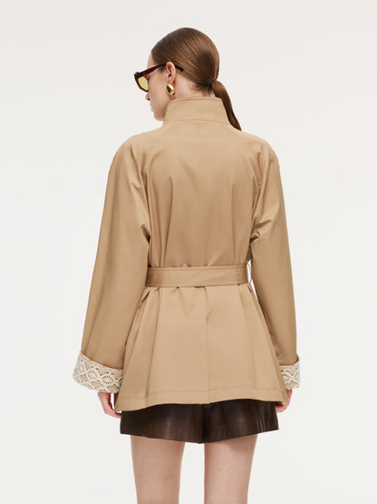 Cotton Stand Collar Lace Cuffs Women Self-Tie Belt Trench Coat