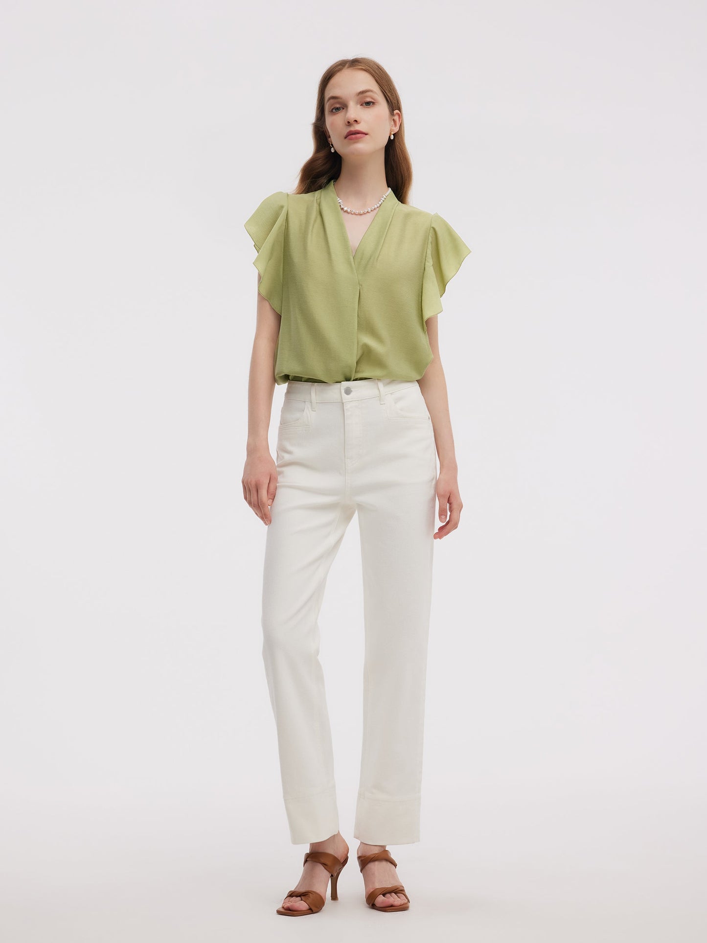 Acetate Blend V-Neck Women Ruffle Sleeve Blouse