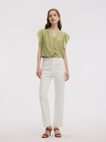 Acetate Blend V-Neck Women Ruffle Sleeve Blouse