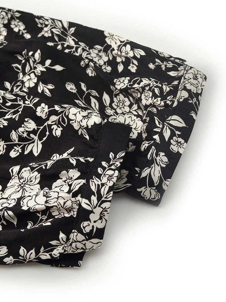 Camellia Print V-Neck Ruffle Hem Women Midi Wrap Dress