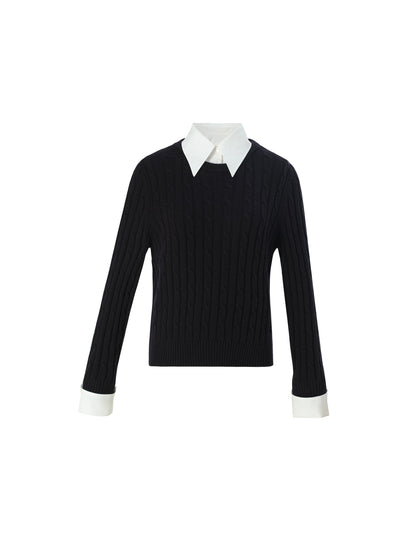 Wool Blend Cable Knit Women Sweater With Detachable Collar And Cuffs