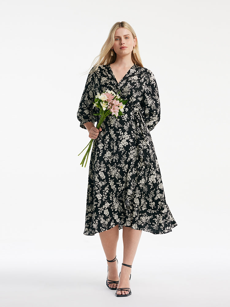 Camellia Print V-Neck Ruffle Hem Women Midi Wrap Dress