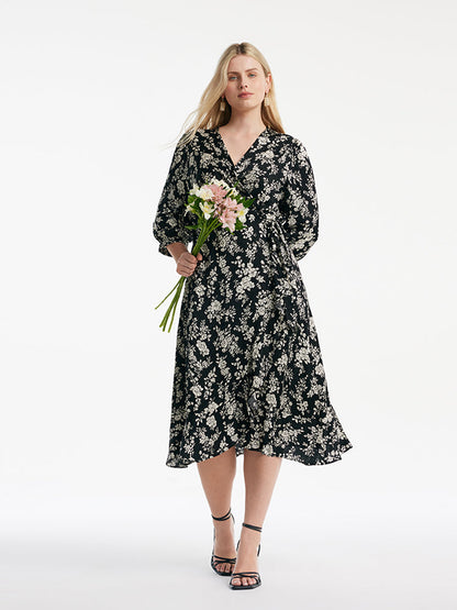Camellia Print V-Neck Ruffle Hem Women Midi Wrap Dress