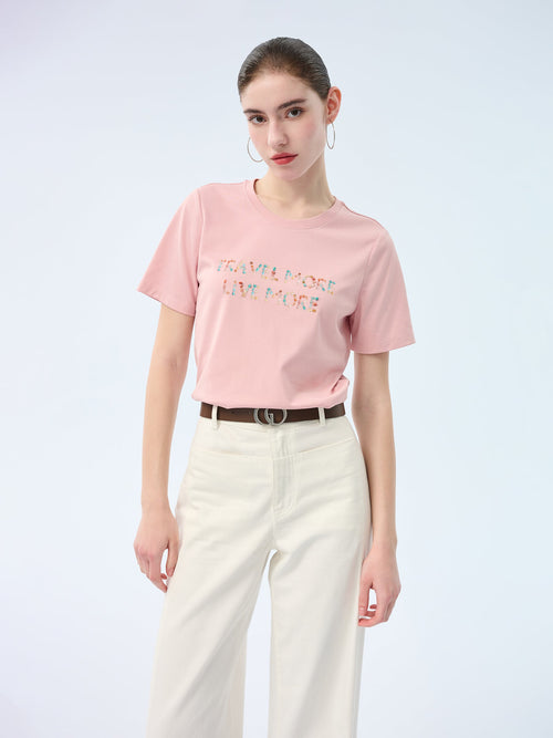 Cotton Beaded Letter Women T-Shirt