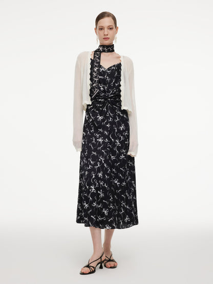 Ribbon Print Strap Dress And Cardigan Two-Piece Set