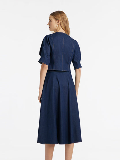 Denim V-Neck Top And Half Skirt Two-Piece Set