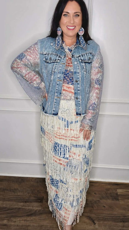 Origami - Vintage Americana Fringe Maxi Skirt | Layered Tiered Patriotic Skirt