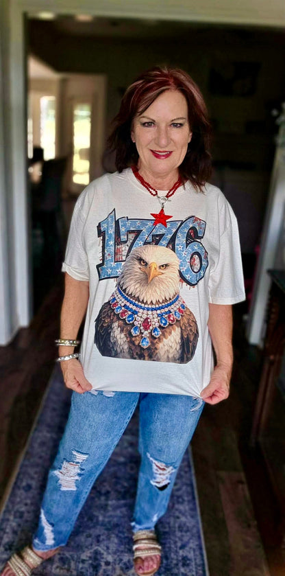 1776 Patriotic Eagle Graphic Tee with Crystal Details