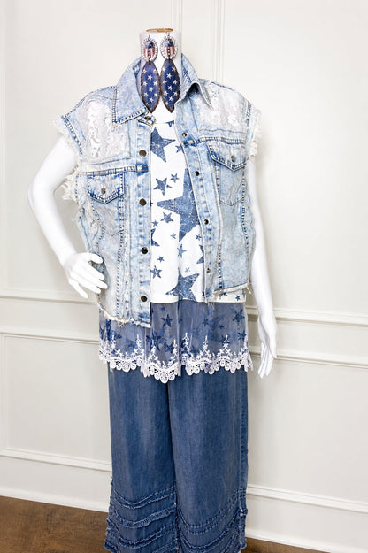 Origami - Blue Star Lace Hem Tank Top