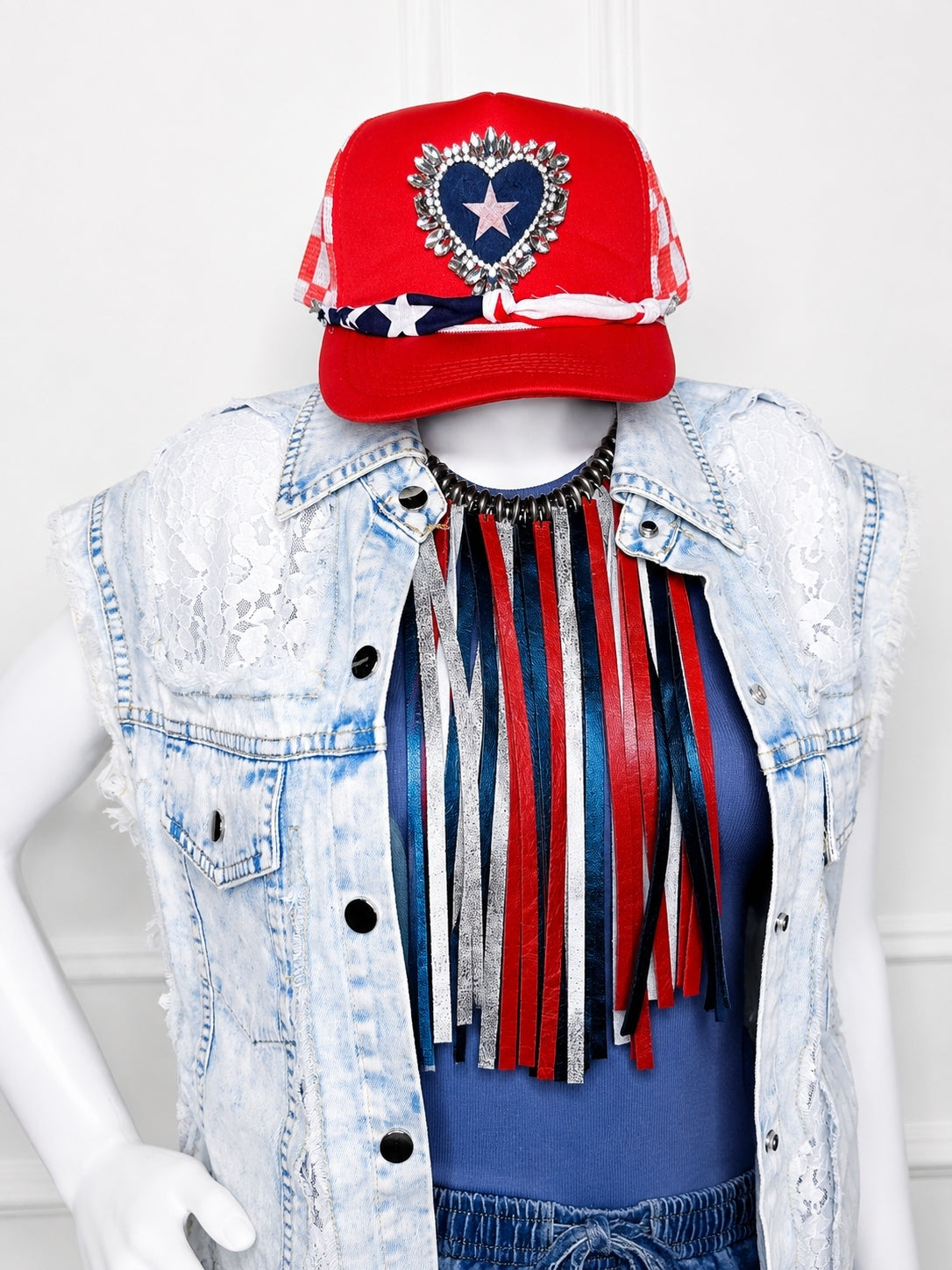 Pearl & Blue Leather Fringe Statement Necklace | Luxe Glam Collar by Sandra Ling Designs
