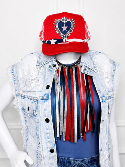 Pearl & Blue Leather Fringe Statement Necklace | Luxe Glam Collar by Sandra Ling Designs