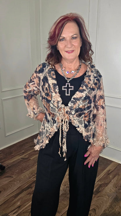 Origami - Leopard Lace Ruffle Short Cardigan