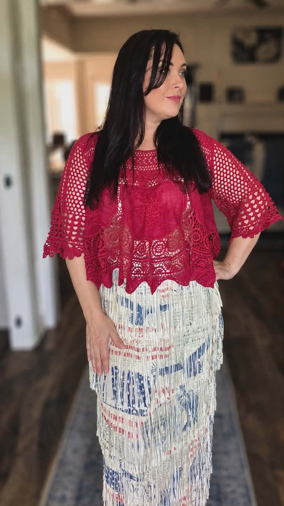 Origami - Red Hot Statement Crochet Top|Oversized Lace Boho Blouse