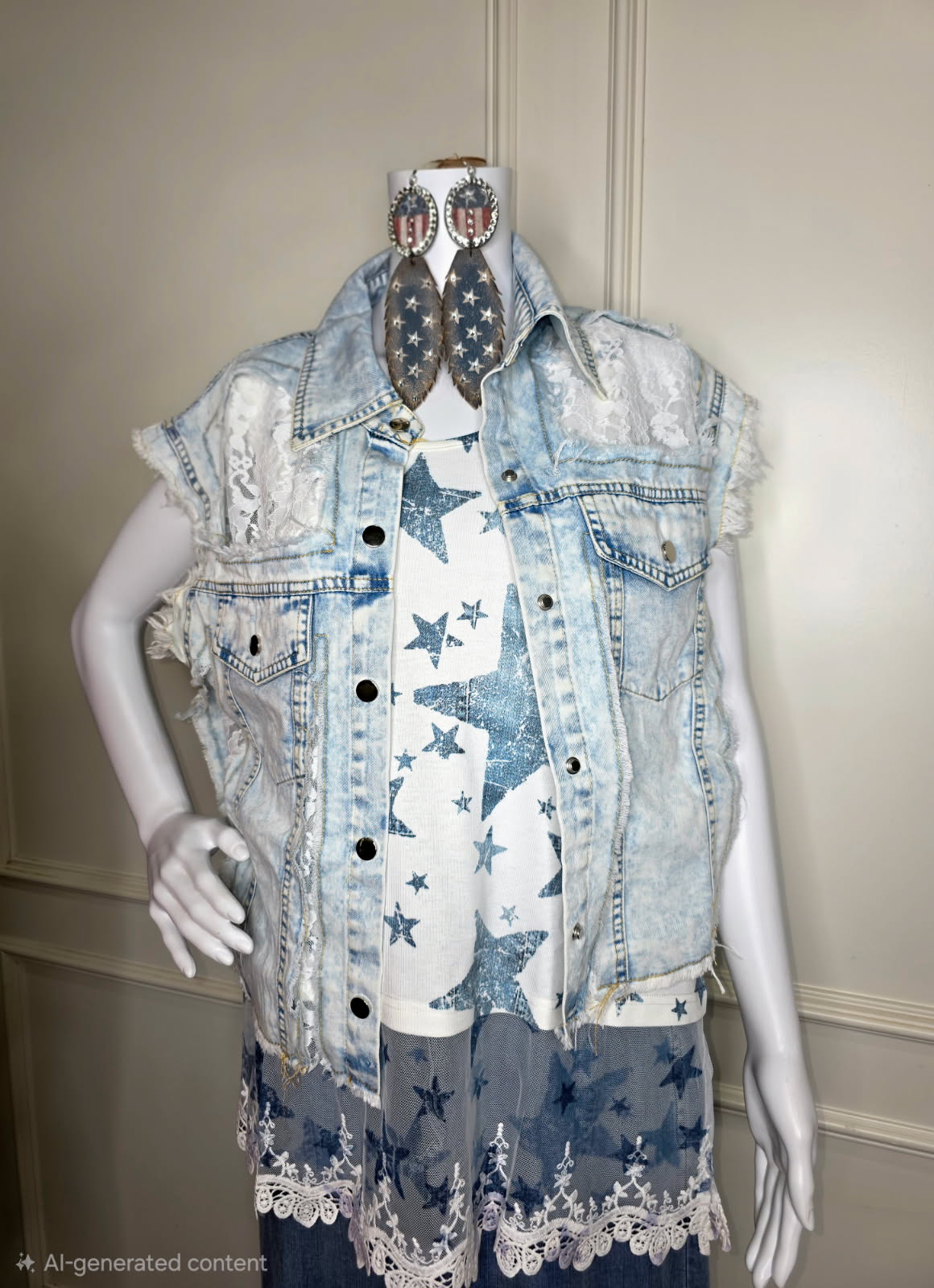 Origami - Blue Star Lace Hem Tank Top