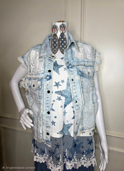 Origami - Blue Star Lace Hem Tank Top