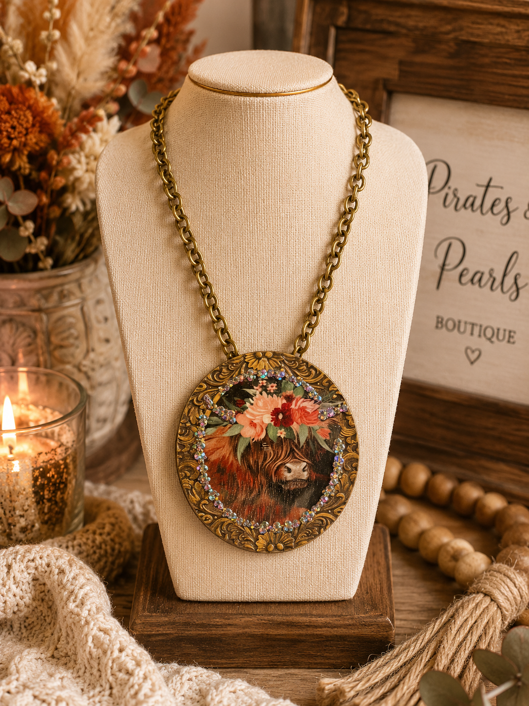 Highland Cow Medallion Rhinestone Statement Necklace