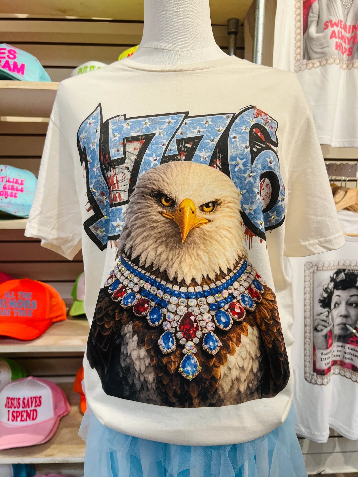 1776 Patriotic Eagle Graphic Tee with Crystal Details